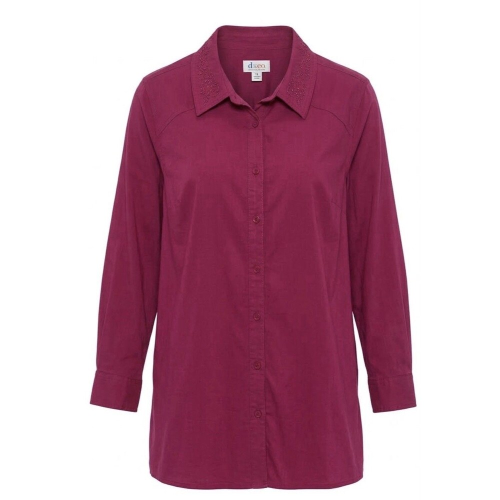 D&Co Womens 3X Fuchsia Pink Button Up Blouse Stretch Lightweight Embroidered